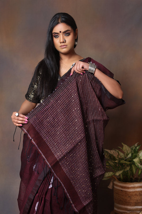 Linen Khadi Sequence - Purple