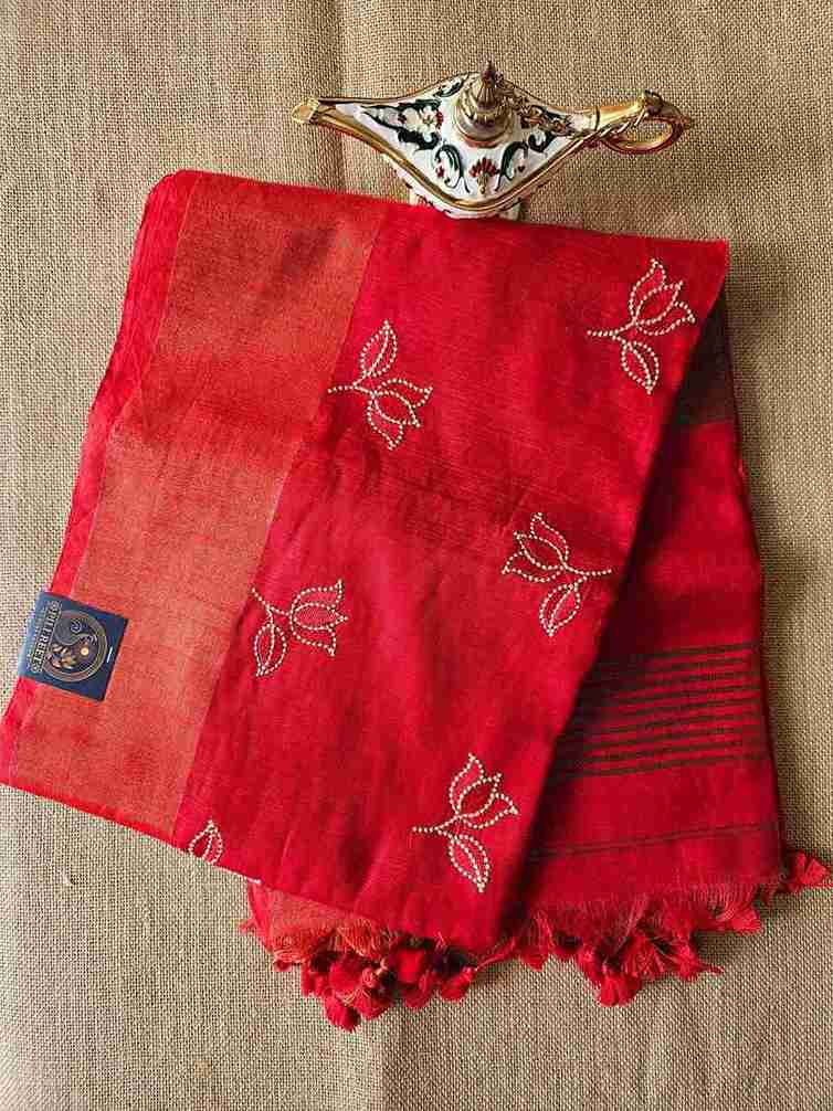 Bengal Cotton with Thread work - Red Booti