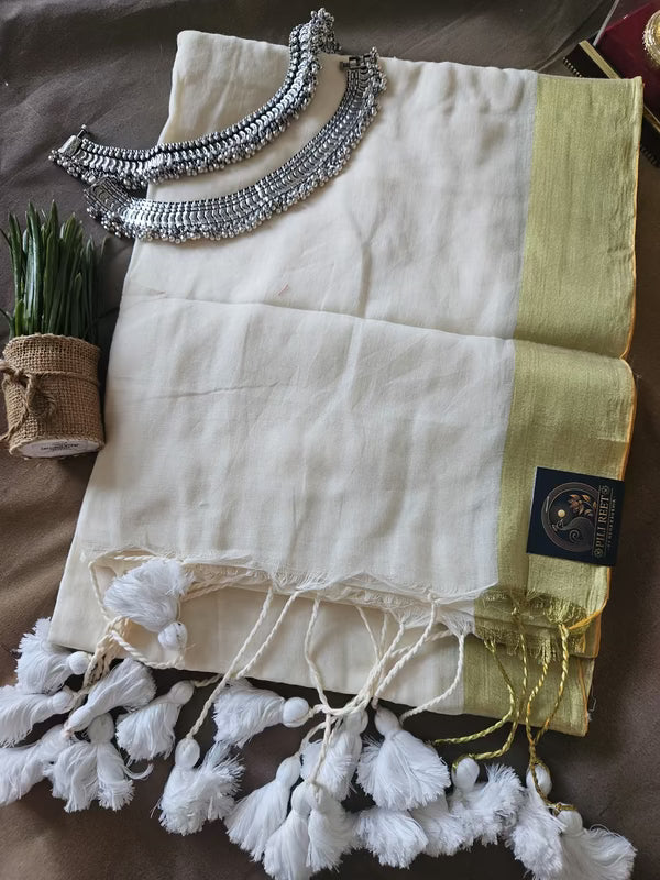 MulMul with Jasi Border - White Golden