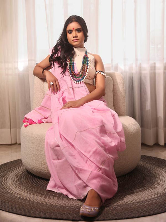 Mul Woven Saree - Baby Pink M Woven