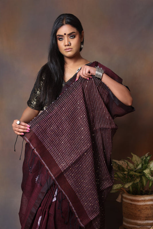 Linen Khadi Sequence -  Purple
