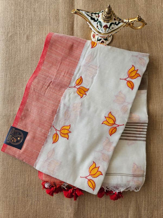Bengal Cotton with Thread work - White Booti