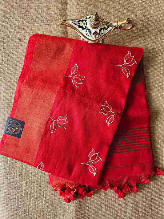 Bengal Cotton with Thread work - Red Booti