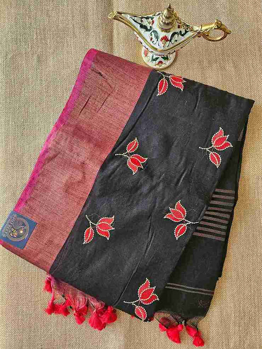 Bengal Cotton with Thread work - Black Booti