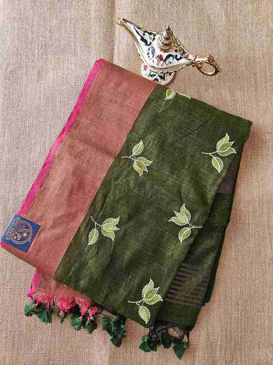 Bengal Cotton with Thread work - Mehandi Green Booti