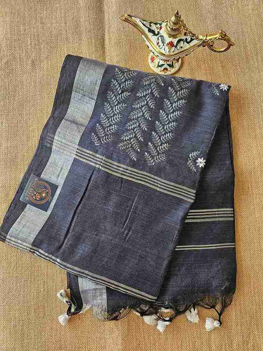 Bengal Cotton with Thread work - Grey Booti Bel