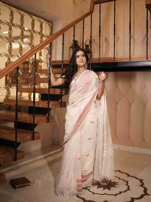 Bengal Cotton with Thread work - White Booti Bel