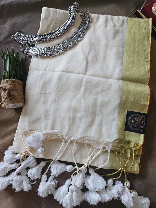 MulMul with Jasi Border - White Golden