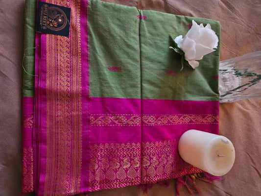 Handloon Zaari Border - Green Pink